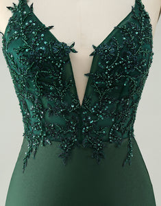 Glitter Dark Green Tight V Neck Beaded Homecoming Dress