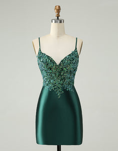 Glitter Dark Green Tight V Neck Short Homecoming Dress with Sequins