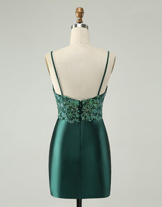 Glitter Dark Green Tight V Neck Short Homecoming Dress with Sequins