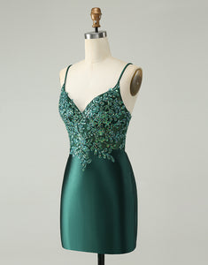 Glitter Dark Green Tight V Neck Short Homecoming Dress with Sequins