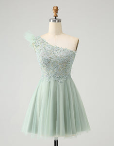 Cute Dusty Sage A Line One Shoulder Tulle Homecoming Dress with Appliques