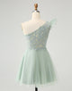 Cute Dusty Sage A Line One Shoulder Tulle Homecoming Dress with Appliques