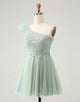 Cute Dusty Sage A Line One Shoulder Tulle Homecoming Dress with Appliques