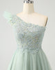 Cute Dusty Sage A Line One Shoulder Tulle Homecoming Dress with Appliques