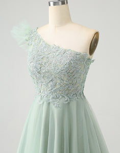 Cute Dusty Sage A Line One Shoulder Tulle Homecoming Dress with Appliques