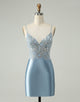 Glitter Dusty Blue Beaded Floral Tight Satin Homecoming Dress