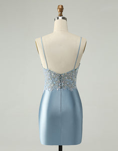 Glitter Dusty Blue Beaded Floral Tight Satin Homecoming Dress