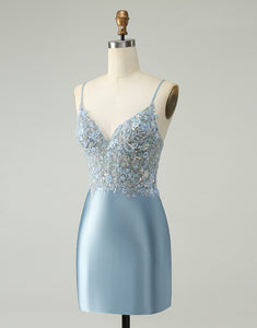 Glitter Dusty Blue Beaded Floral Tight Satin Homecoming Dress