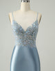 Glitter Dusty Blue Beaded Floral Tight Satin Homecoming Dress