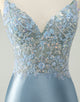 Glitter Dusty Blue Beaded Floral Tight Satin Homecoming Dress