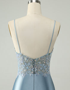 Glitter Dusty Blue Beaded Floral Tight Satin Homecoming Dress