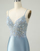 Glitter Dusty Blue Beaded Floral Tight Satin Homecoming Dress