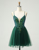 Glitter Dark Green A-Line Sequined Appliques V Neck Homecoming Dress