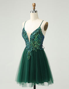 Glitter Dark Green A-Line Sequined Appliques V Neck Homecoming Dress