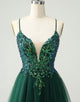 Glitter Dark Green A-Line Sequined Appliques V Neck Homecoming Dress