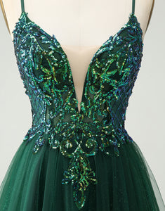 Glitter Dark Green A-Line Sequined Appliques V Neck Homecoming Dress