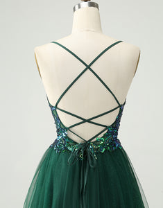 Glitter Dark Green A-Line Sequined Appliques V Neck Homecoming Dress