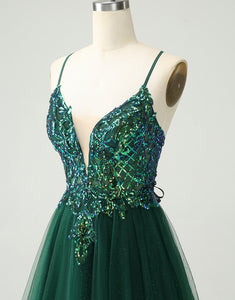 Glitter Dark Green A-Line Sequined Appliques V Neck Homecoming Dress