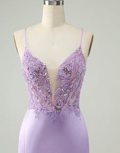 Glitter Purple V Neck Tight Sequined Appliques Homecoming Dress