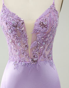 Glitter Purple V Neck Tight Sequined Appliques Homecoming Dress