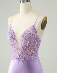 Glitter Purple V Neck Tight Sequined Appliques Homecoming Dress