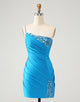 Blue Bodycon One Shoulder Ruched Satin Homecoming Dress with Sequins