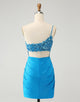 Blue Bodycon One Shoulder Ruched Satin Homecoming Dress with Sequins