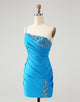 Blue Bodycon One Shoulder Ruched Satin Homecoming Dress with Sequins