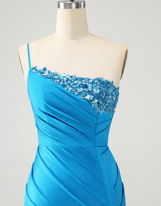 Blue Bodycon One Shoulder Ruched Satin Homecoming Dress with Sequins