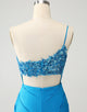 Blue Bodycon One Shoulder Ruched Satin Homecoming Dress with Sequins