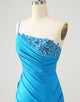 Blue Bodycon One Shoulder Ruched Satin Homecoming Dress with Sequins