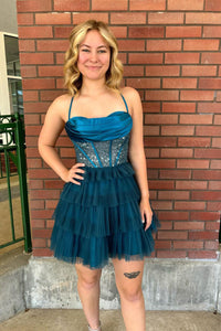 Peacock Blue A Line Tulle Sparkly Homecoming Dress