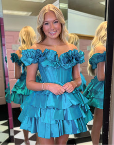 Dreamy Off-Shoulder Multi-Tiered A-Line Blue Homecoming Dress
