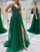 Dark Green Sequins A Line Long Prom Dress With Appliques
