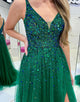 Dark Green Sequins A Line Long Prom Dress With Appliques