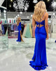 Royal Blue Mermaid Appliqued Lace-Up Long Prom Dress With Slit