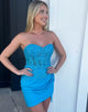 Blue Strapless Lace Tight Homecoming Dress