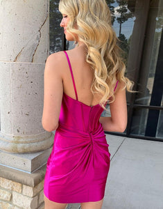 Chic Shiny Bodycon Spaghetti Straps Satin Short Homecoming Dress in Fuchsia