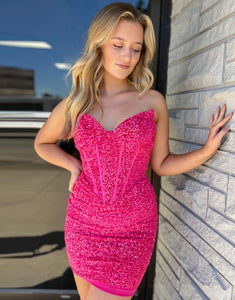 Sparkly Sequins Fuchsia Strapless Bodycon Homecoming Dress