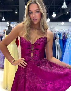 Fuchsia A-Line Strapless Homecoming Dress with Hollow Front and Bow Design