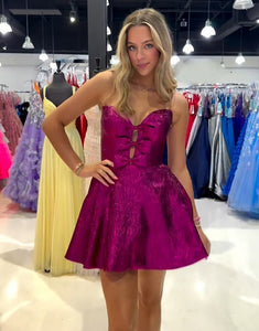 Fuchsia A-Line Strapless Homecoming Dress with Hollow Front and Bow Design