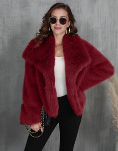 Coffee Lapel Keep Warm Plush Fluffy Short Women Winter Coat