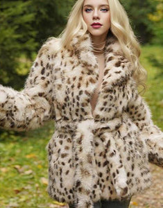 Leopard Print Lapel Keep Warm Plush Fluffy Medium Women Winter Coat with Belt