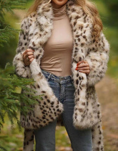 Leopard Print Lapel Keep Warm Plush Fluffy Medium Women Winter Coat with Belt