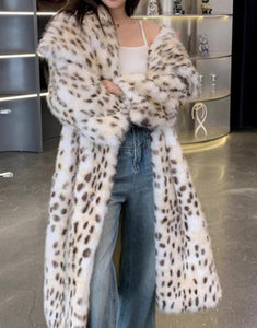 Leopard Print Lapel Warm Plush Thickening Fur Women Winter Long Coat