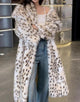 Leopard Print Lapel Warm Plush Thickening Fur Women Winter Long Coat