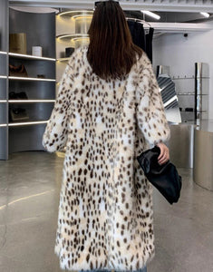 Leopard Print Lapel Warm Plush Thickening Fur Women Winter Long Coat