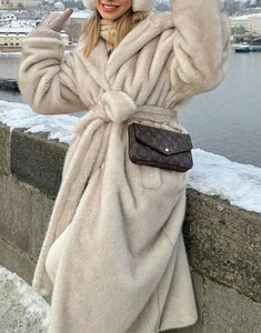 Grey Beige Hooded Warm Plush Fur Women Winter Long Coat with Belt