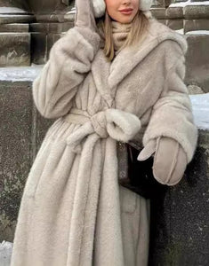 Grey Beige Hooded Warm Plush Fur Women Winter Long Coat with Belt