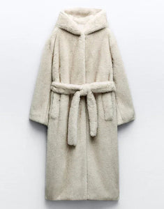 Grey Beige Hooded Warm Plush Fur Women Winter Long Coat with Belt